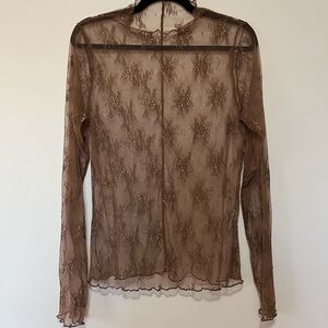 Brown Lace Long Sleeve Shirt with Scalloped Hem